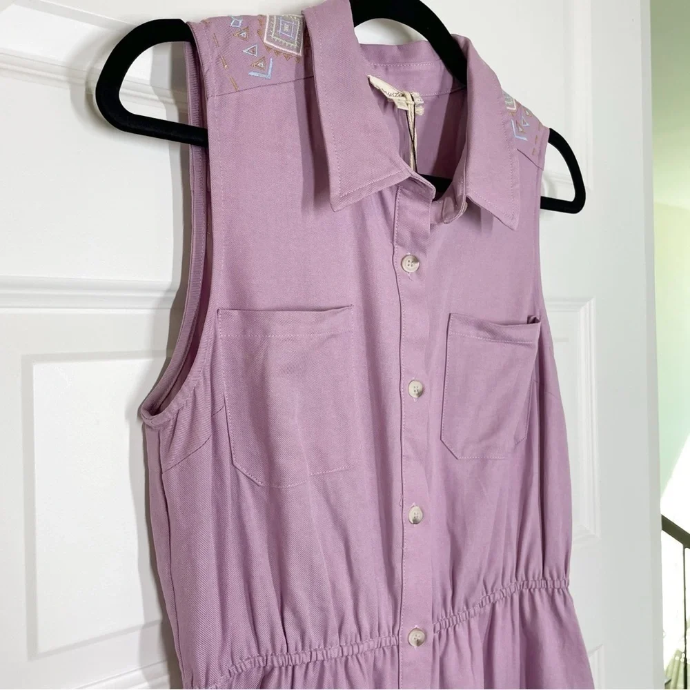 New Boutique Linen Blend Lilc Embroidered Button Down Festival Shirt Dress